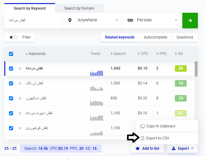 خروجی گرفتن کلمات کلیدی